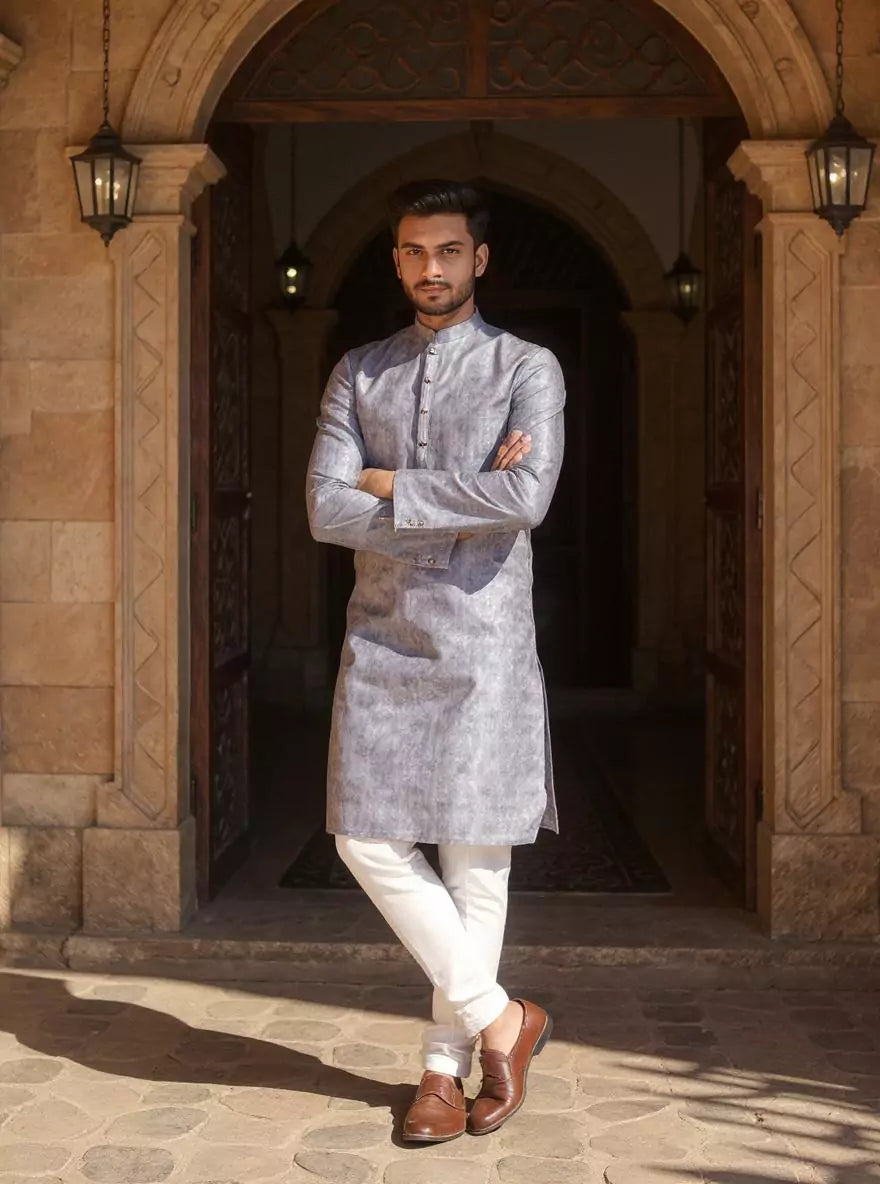 Grey Self Design Jacquard Embellished work Kurta Pyjama Set
