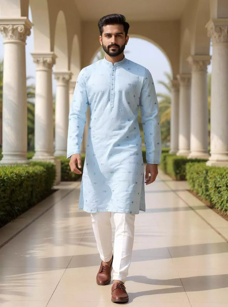 Sky Coloured Thread Embroidered Cotton Silk Kurta Pyjama Set