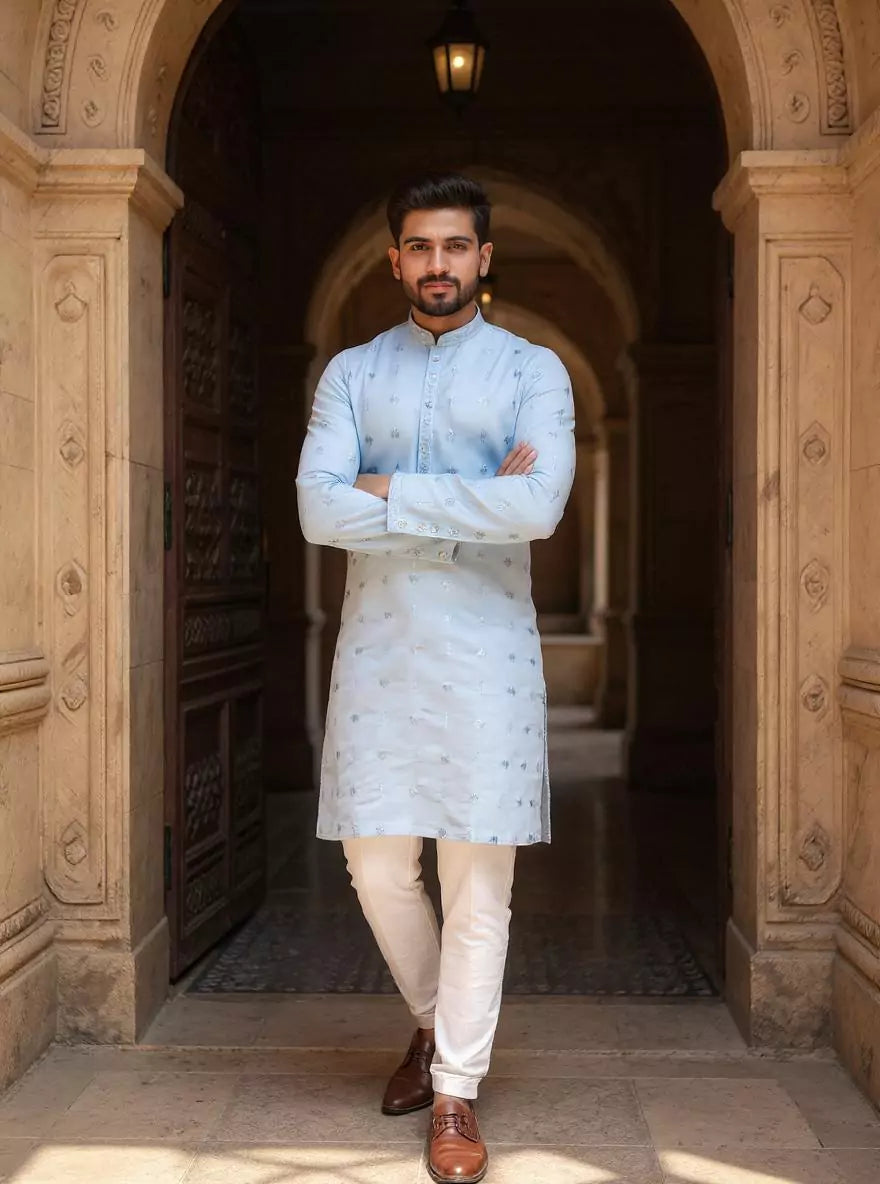 Sky Coloured Thread Embroidered Cotton Silk Kurta Pyjama Set