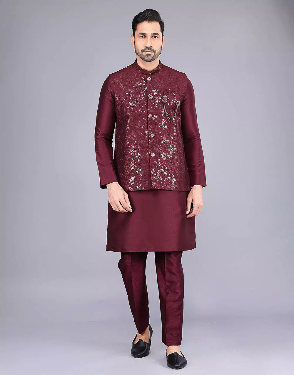 Maroon All Over Heavy Sequence Work Raw Silk Kurta Jacket