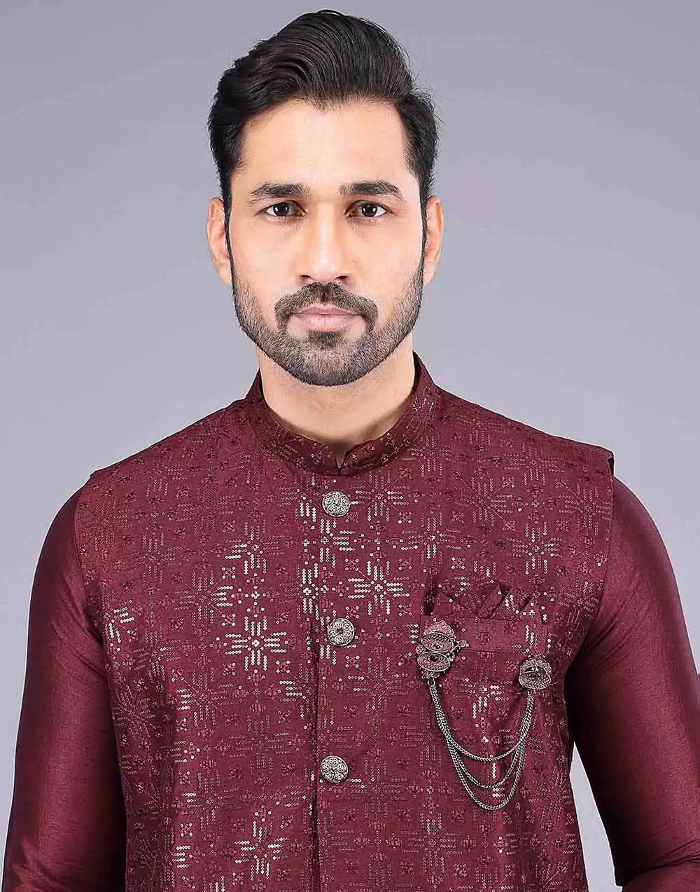 Maroon All Over Heavy Sequence Work Raw Silk Kurta Jacket