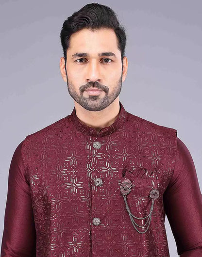 Maroon All Over Heavy Sequence Work Raw Silk Kurta Jacket