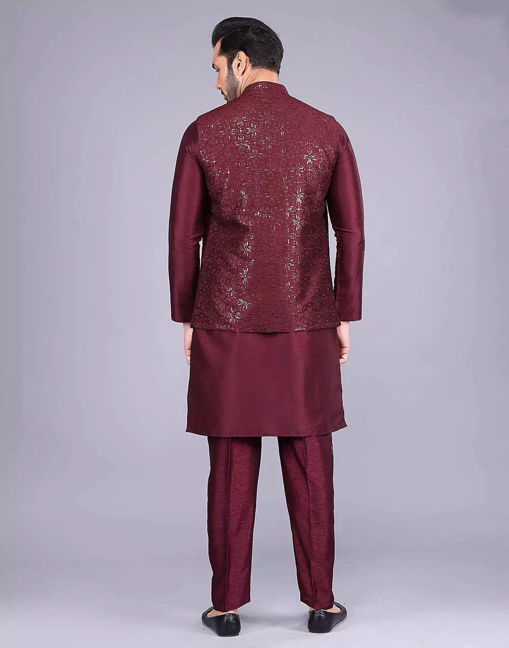 Maroon All Over Heavy Sequence Work Raw Silk Kurta Jacket