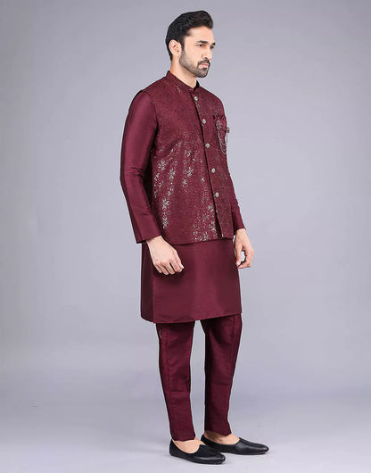 Maroon All Over Heavy Sequence Work Raw Silk Kurta Jacket
