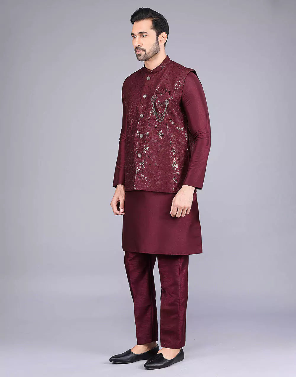 Maroon All Over Heavy Sequence Work Raw Silk Kurta Jacket