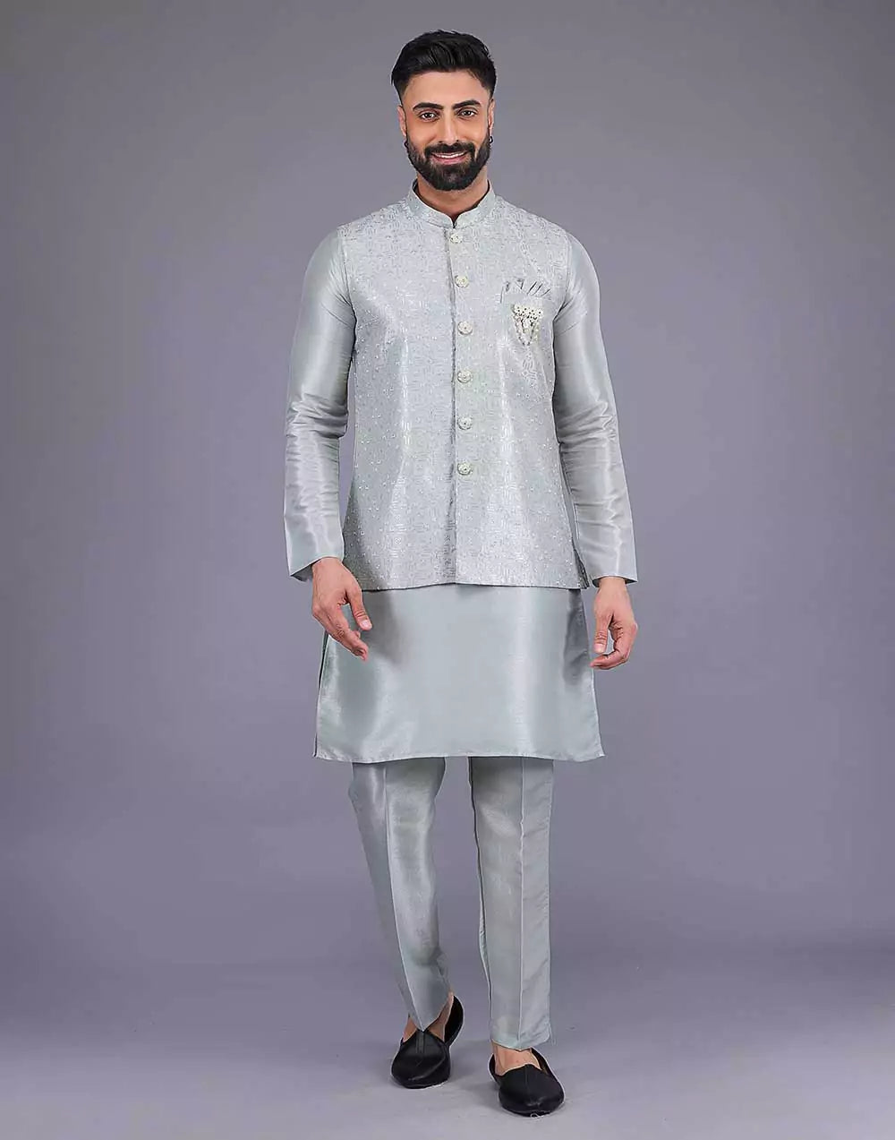 Light Pista Coloured Heavy Sequence Work Raw Silk Kurta Jacket