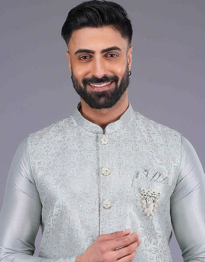 Light Pista Coloured Heavy Sequence Work Raw Silk Kurta Jacket