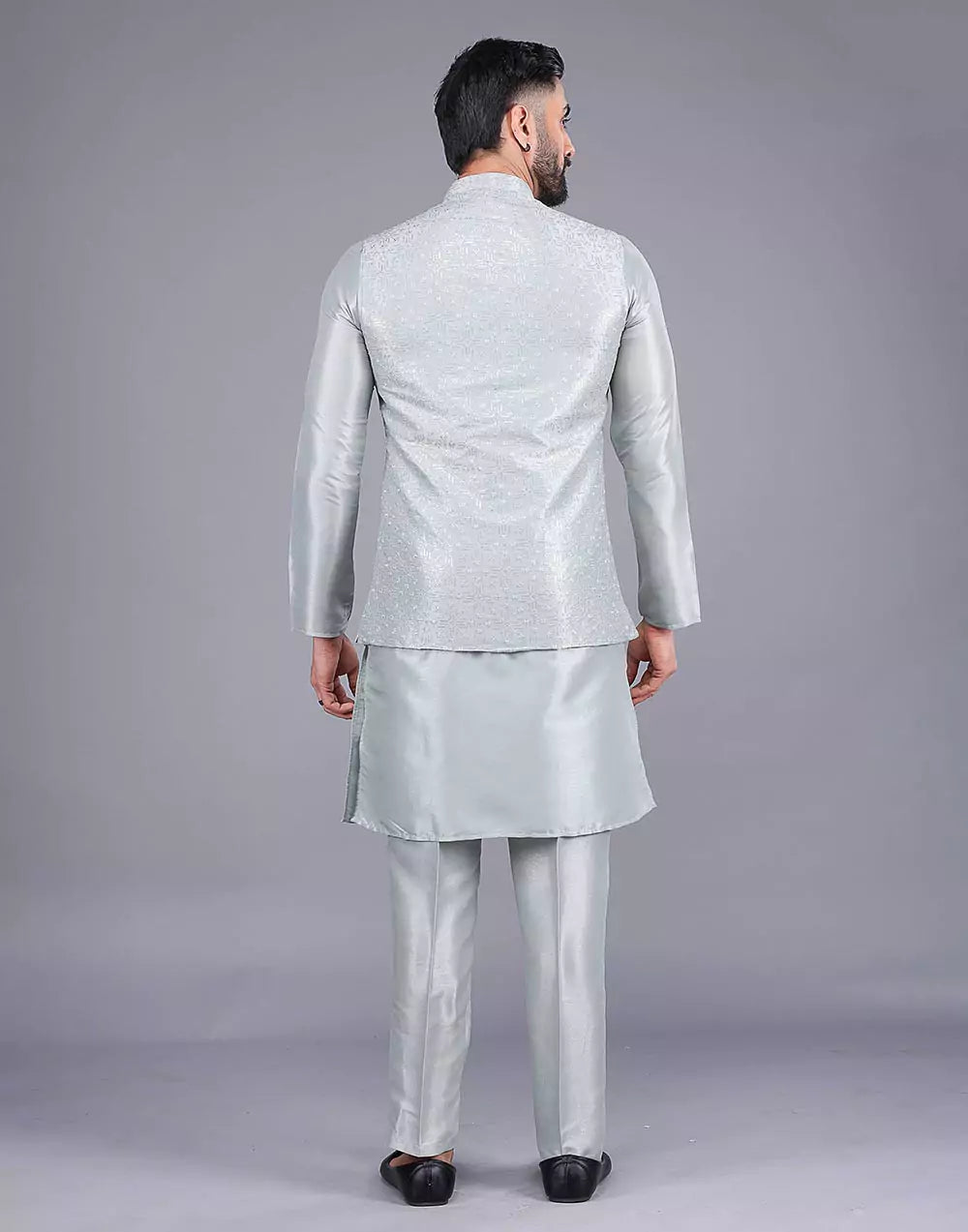 Light Pista Coloured Heavy Sequence Work Raw Silk Kurta Jacket
