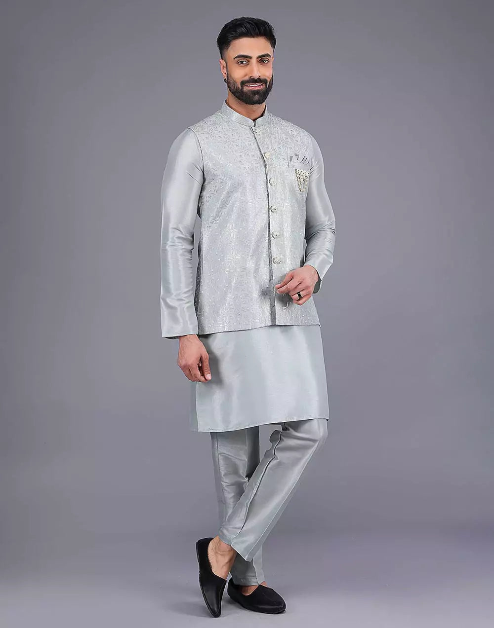 Light Pista Coloured Heavy Sequence Work Raw Silk Kurta Jacket