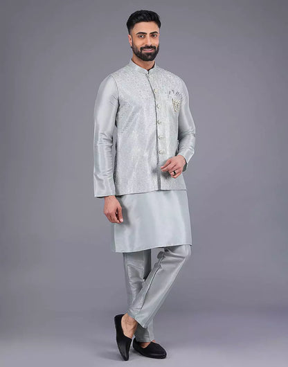 Light Pista Coloured Heavy Sequence Work Raw Silk Kurta Jacket