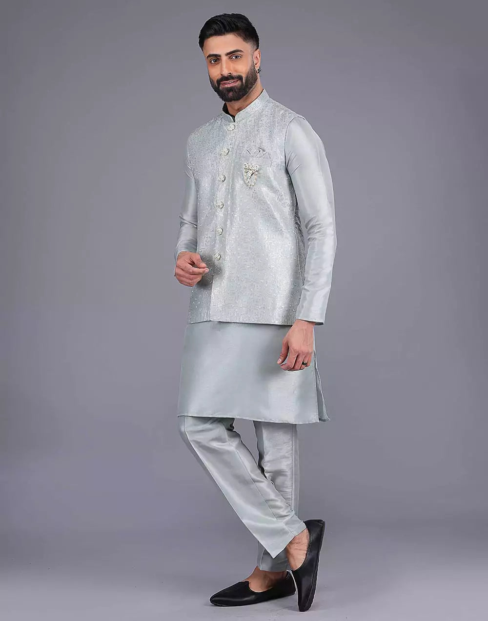 Light Pista Coloured Heavy Sequence Work Raw Silk Kurta Jacket