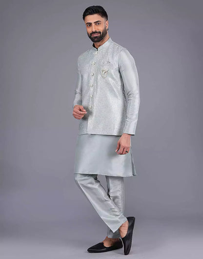 Light Pista Coloured Heavy Sequence Work Raw Silk Kurta Jacket
