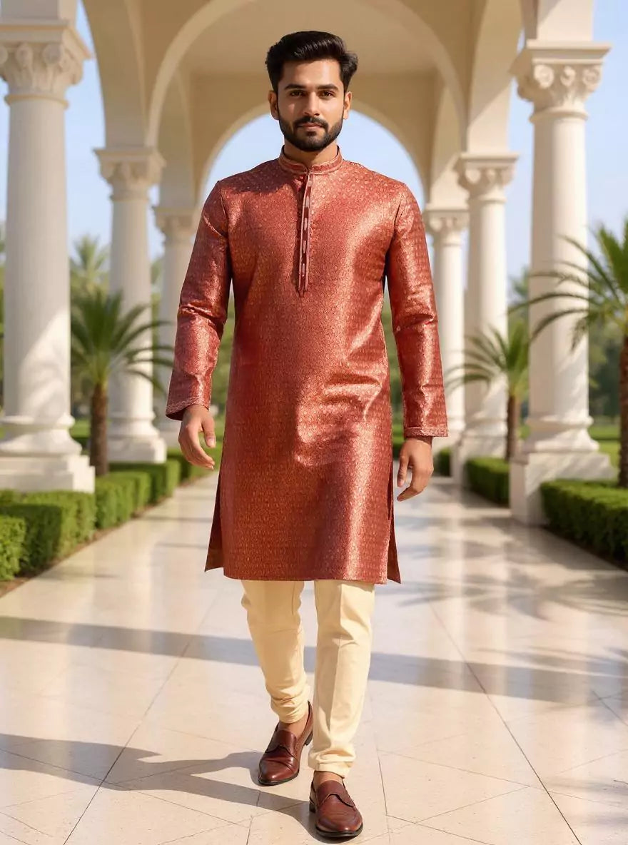 Maroon Floral Zari Design Jacquard Kurta Pyjama Set