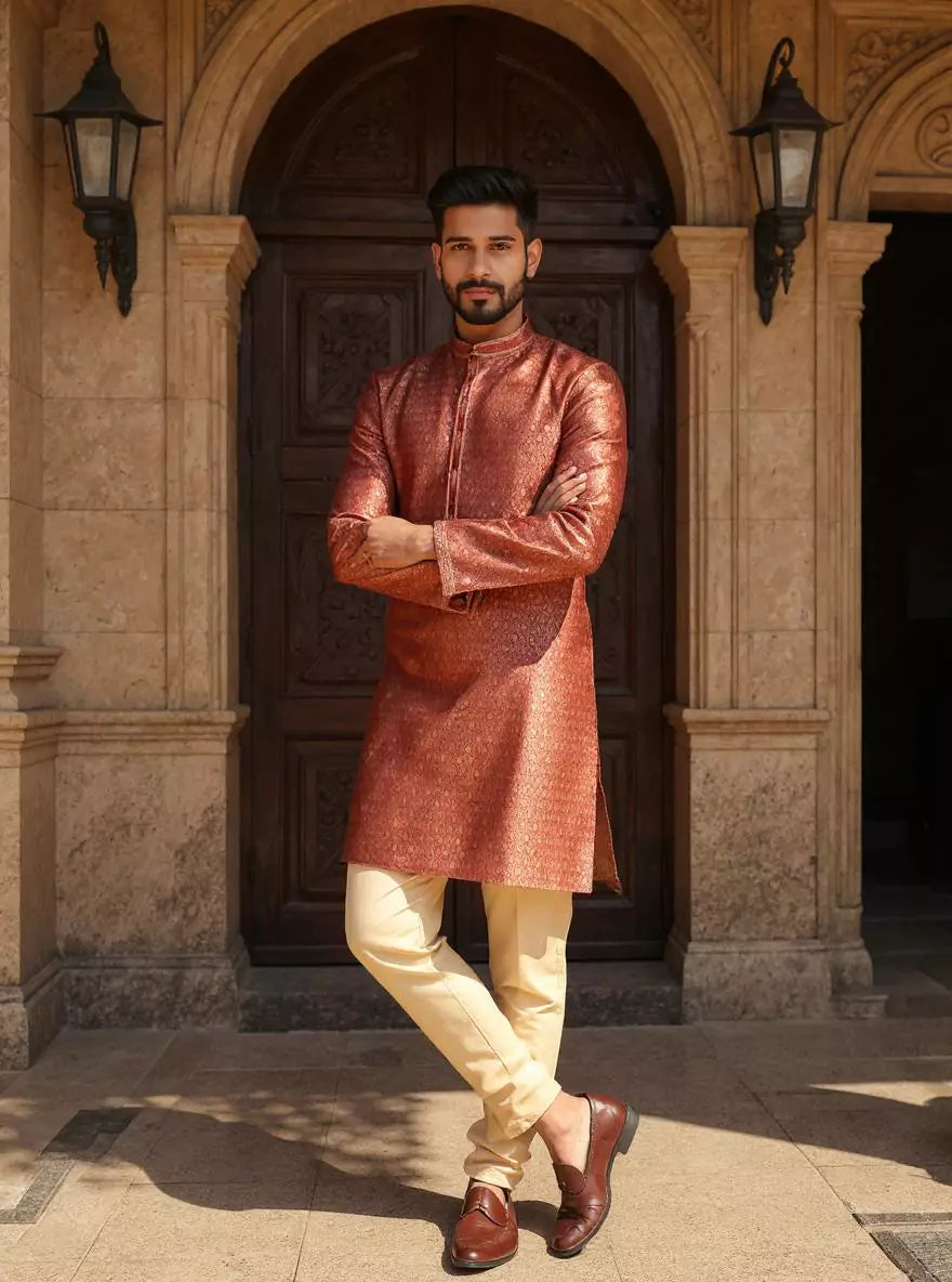 Maroon Floral Zari Design Jacquard Kurta Pyjama Set