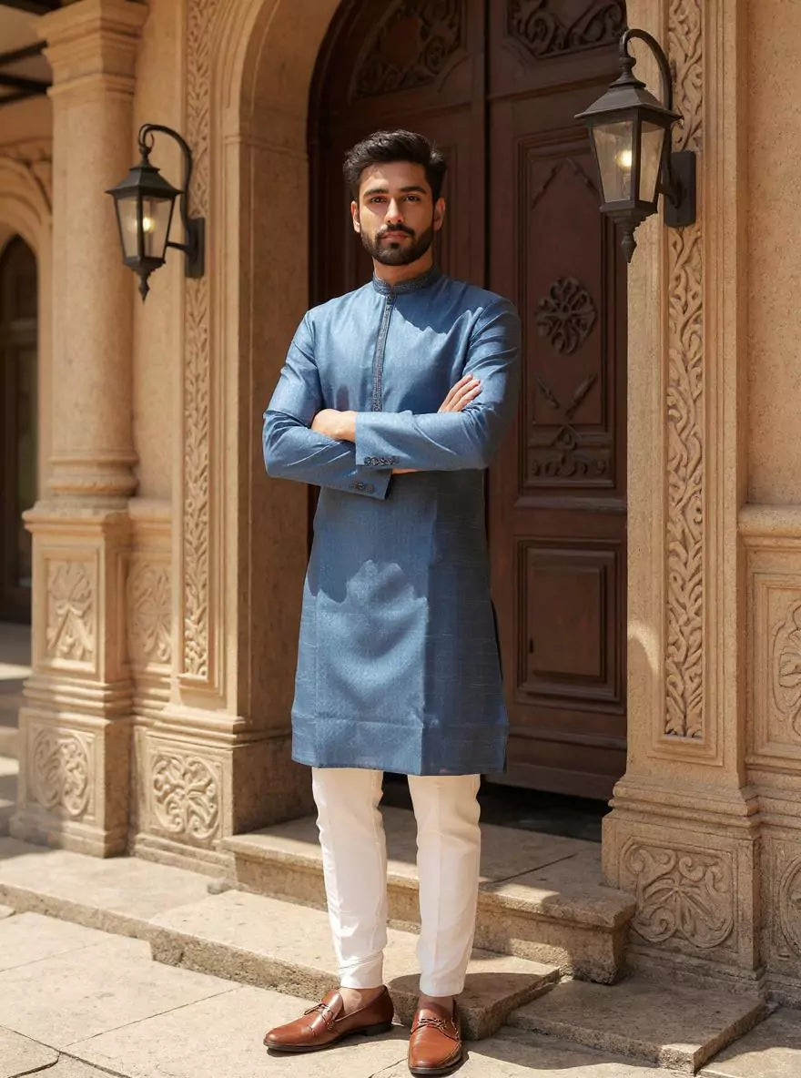 Self Patterned Weaving Cotton Silk Kurta Pajama
