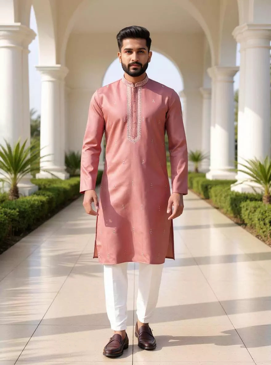 Light Onion Floral Milky Silk Stones work Kurta Pajama