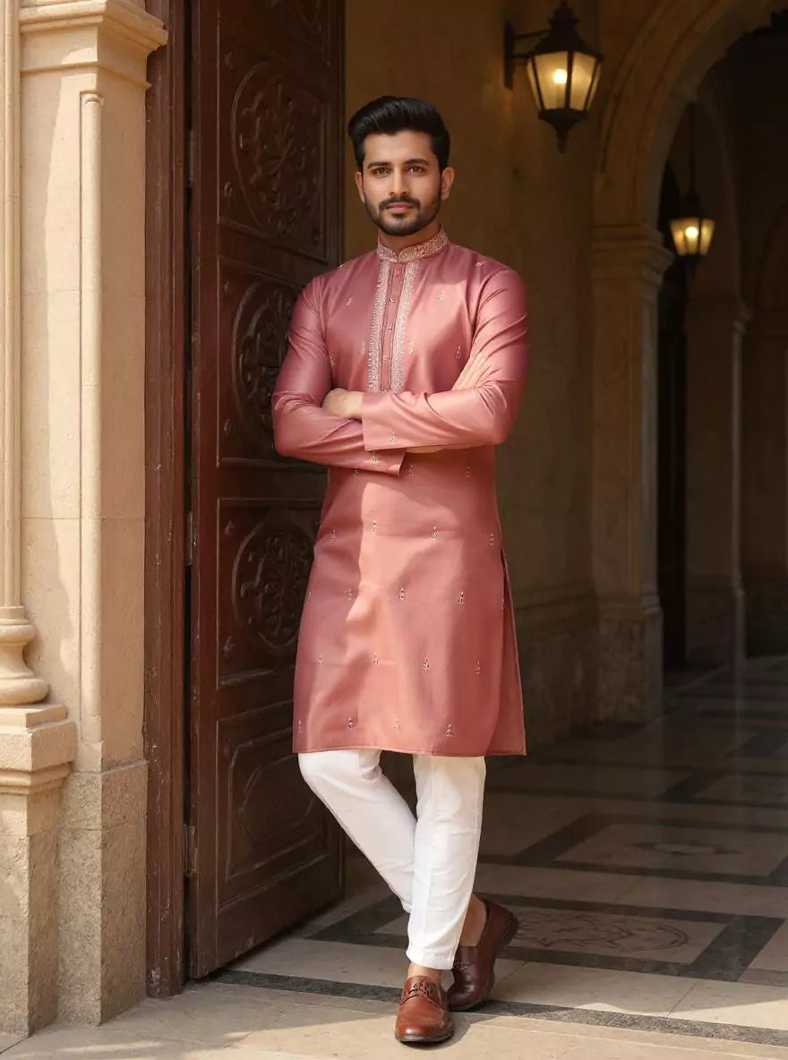 Light Onion Floral Milky Silk Stones work Kurta Pajama