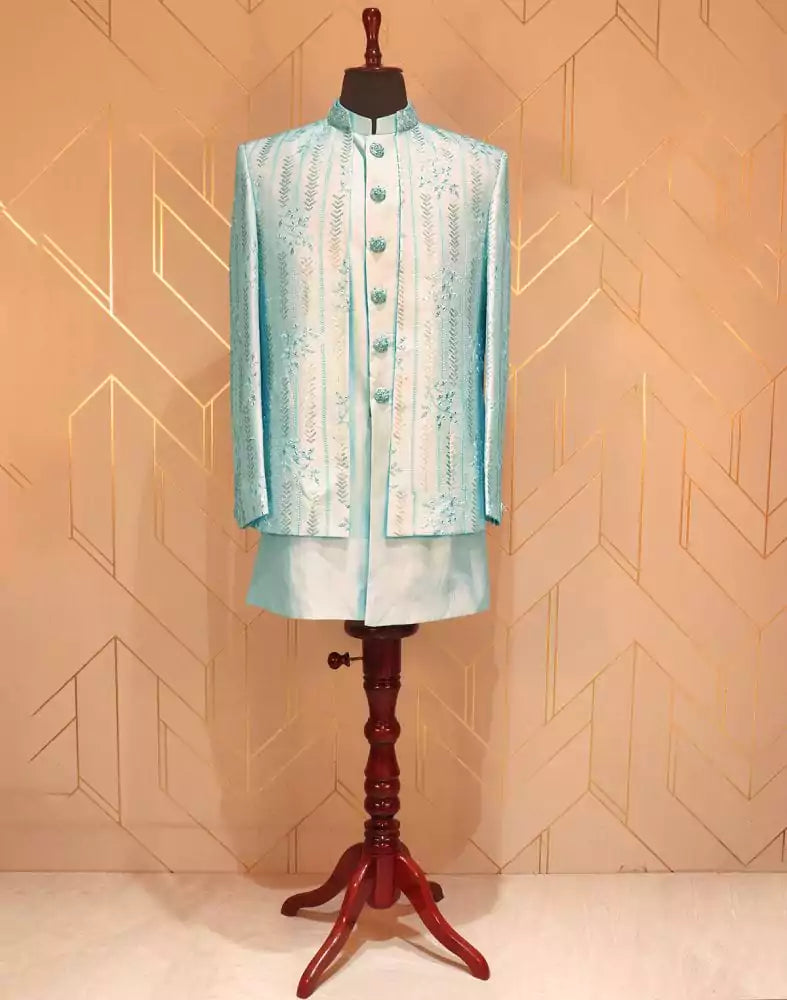 Sky Blue Raw Silk Embellished work Kurta Jacket Set