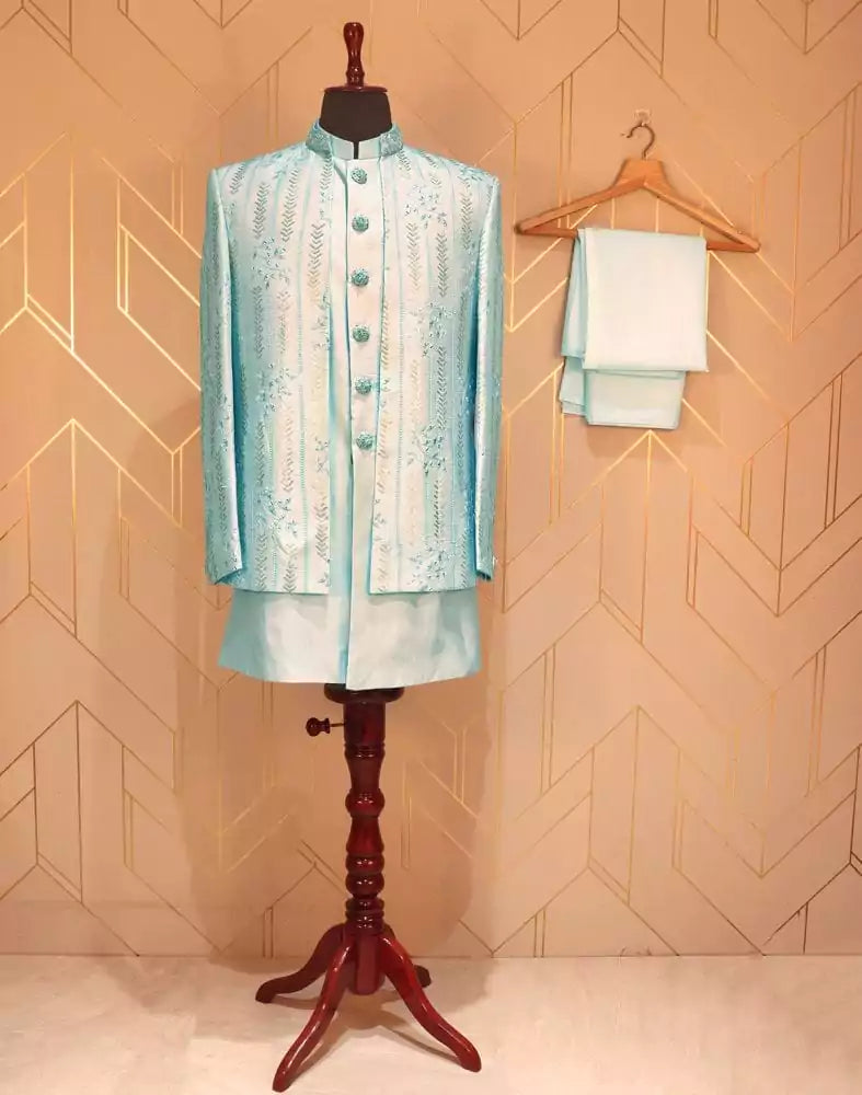Sky Blue Raw Silk Embellished work Kurta Jacket Set