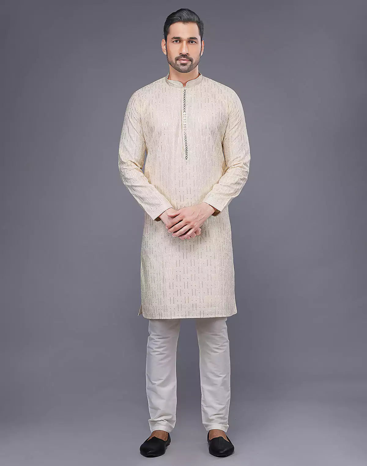 Elegant Cream Embellished Work Kurta Pyjama Set