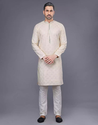 Elegant Cream Embellished Work Kurta Pyjama Set