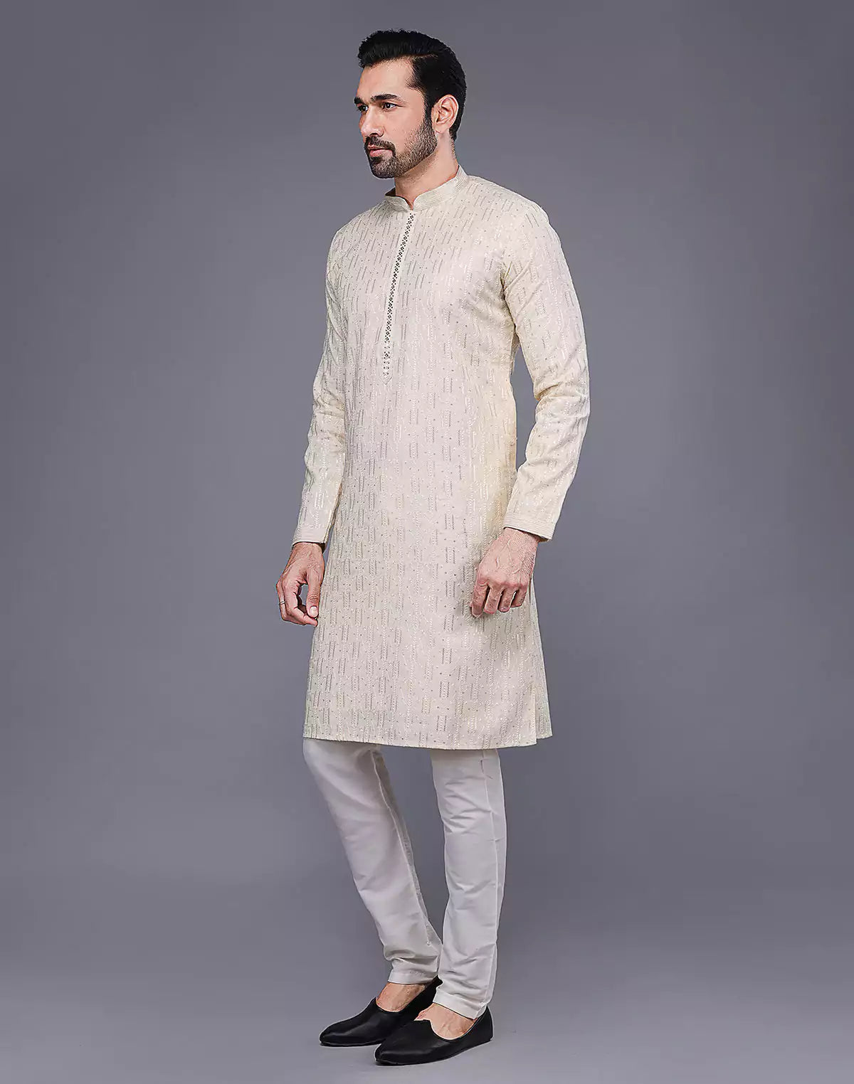 Elegant Cream Embellished Work Kurta Pyjama Set