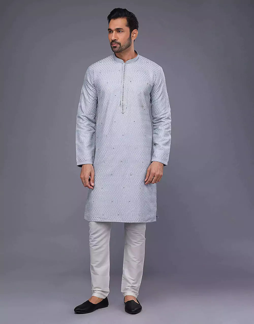 Grey Sequence With Gota Patti Work Silk Kurta Pyjama Set