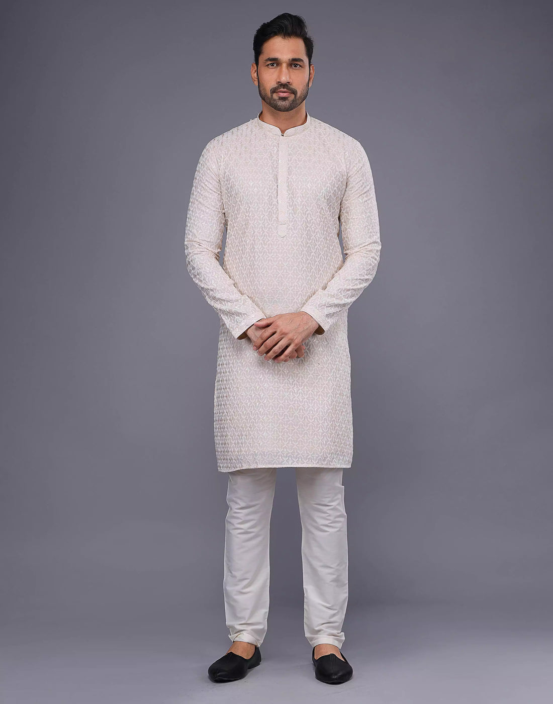 Stylish Fawn Colored Floral Thread Work Georgette Kurta Set