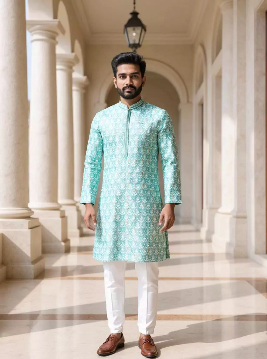 Sea Green Floral Printed with Butta work Cotton Silk Kurta Pyjama Set
