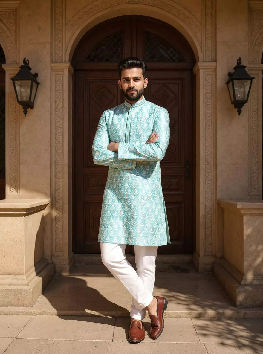 Sea Green Floral Printed with Butta work Cotton Silk Kurta Pyjama Set