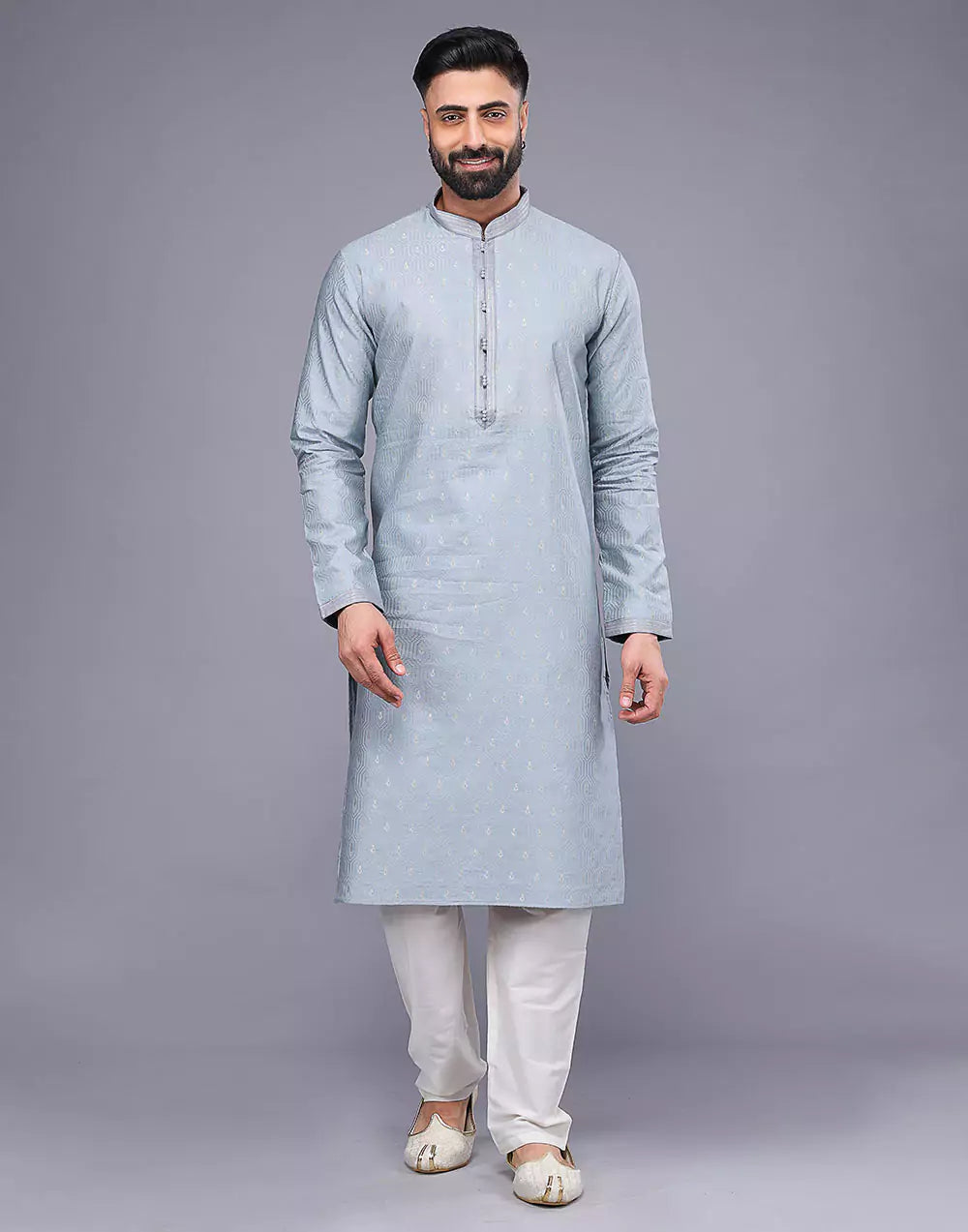 Grey Small Embroidery Butta Design Soft Silk Kurta Pyjama Set