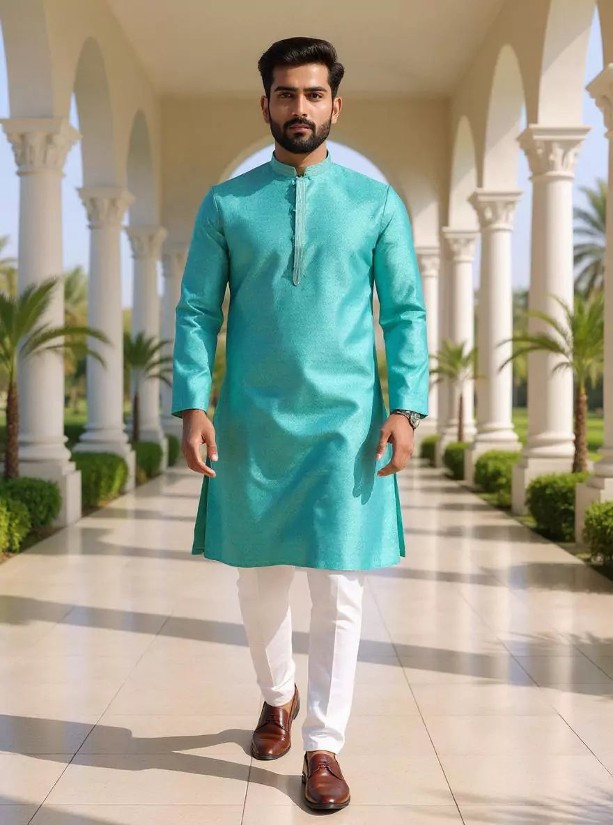 Sea Green Self Weaving Jacquard Kurta Pajama