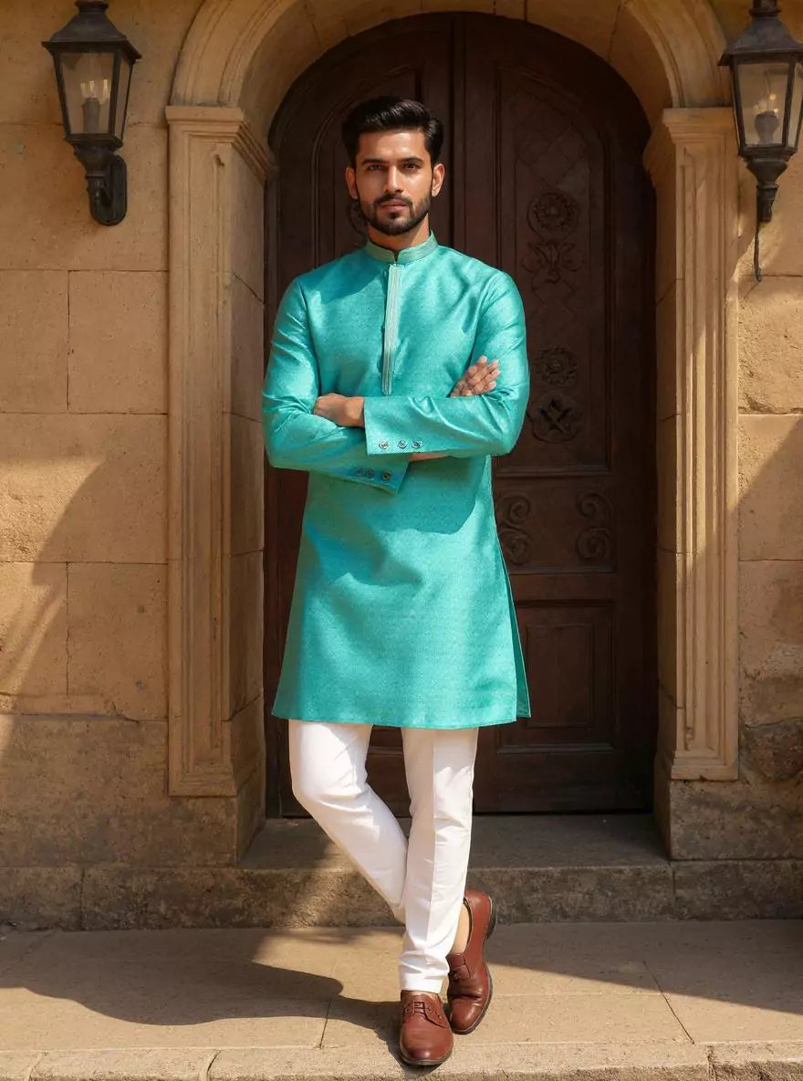 Sea Green Self Weaving Jacquard Kurta Pajama