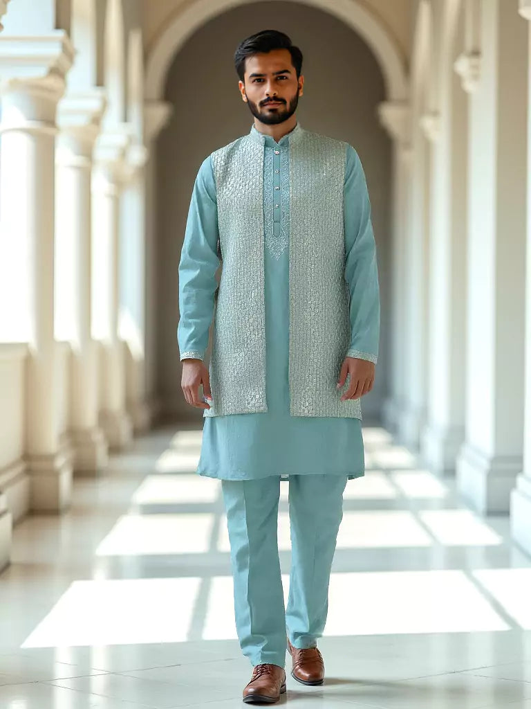 Chiffon Floral Design Embellished Work Sky Coloured Kurta Set