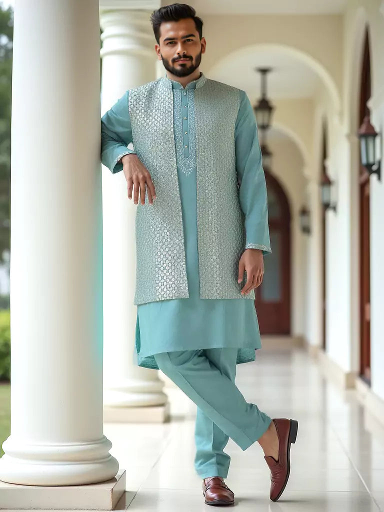 Chiffon Floral Design Embellished Work Sky Coloured Kurta Set