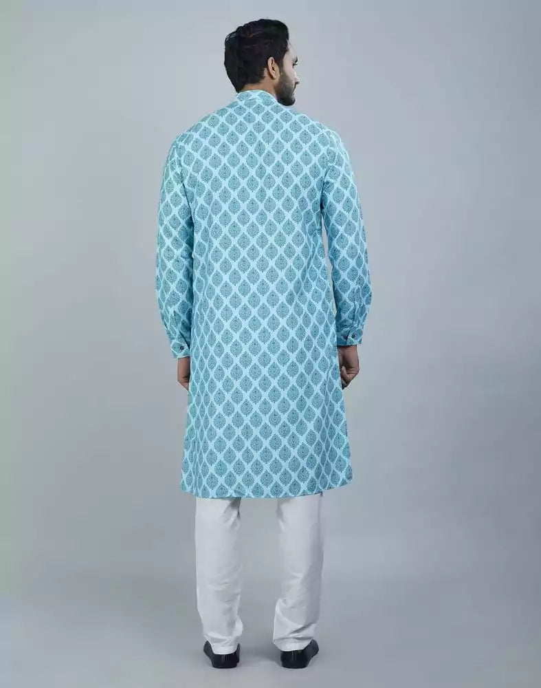 Charming Firozi Color Botanical Print Cotton Kurta