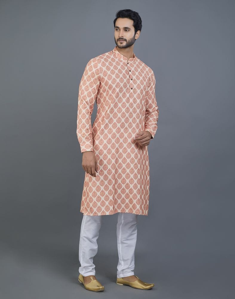 Appealing Orange Botanical Print Cotton Kurta