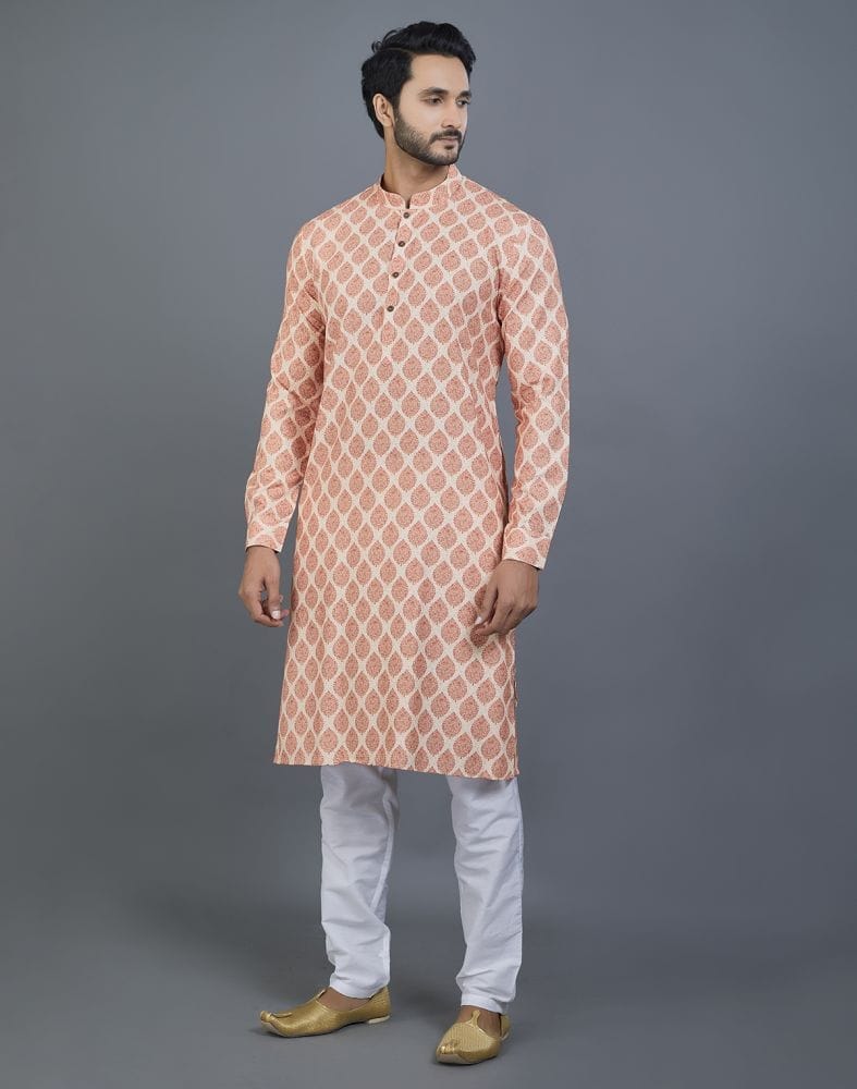 Appealing Orange Botanical Print Cotton Kurta