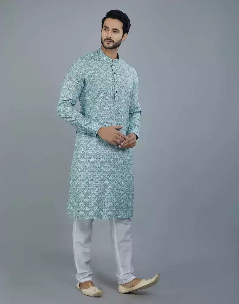 Botanical Print Light Green Colored Cotton Kurta