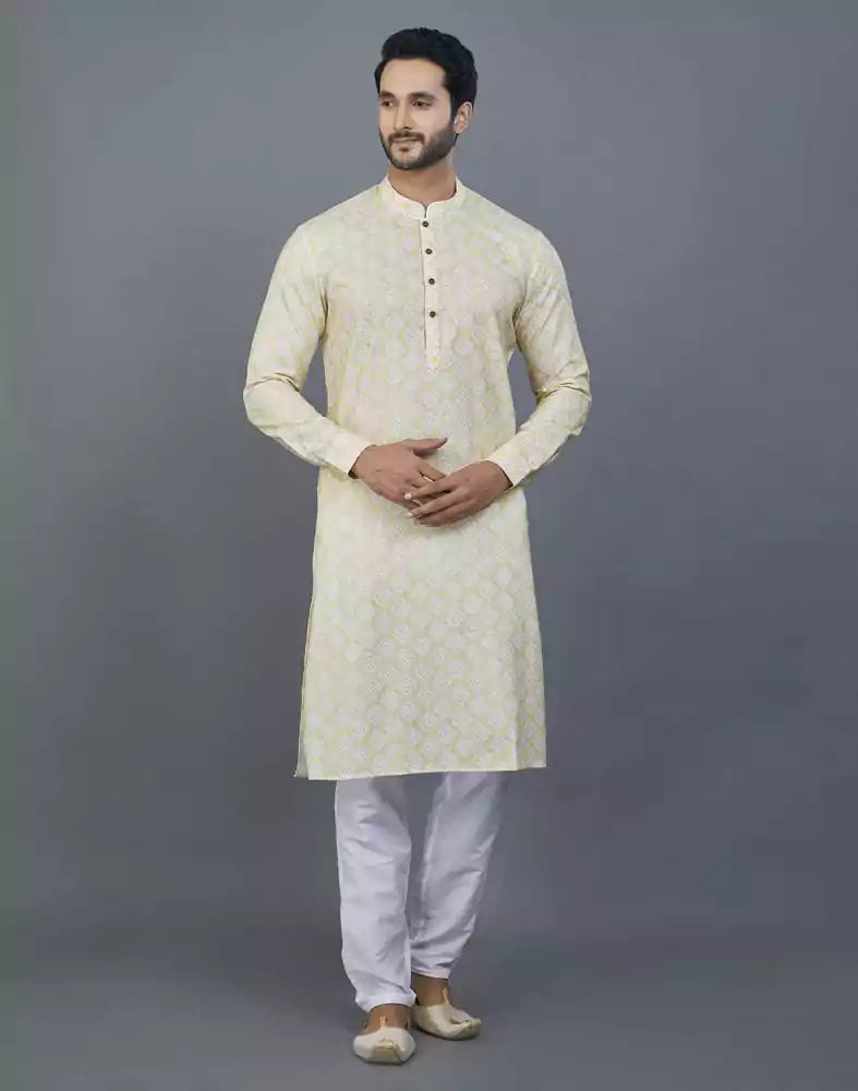 Lemon Colored Geometric Cotton Kurta