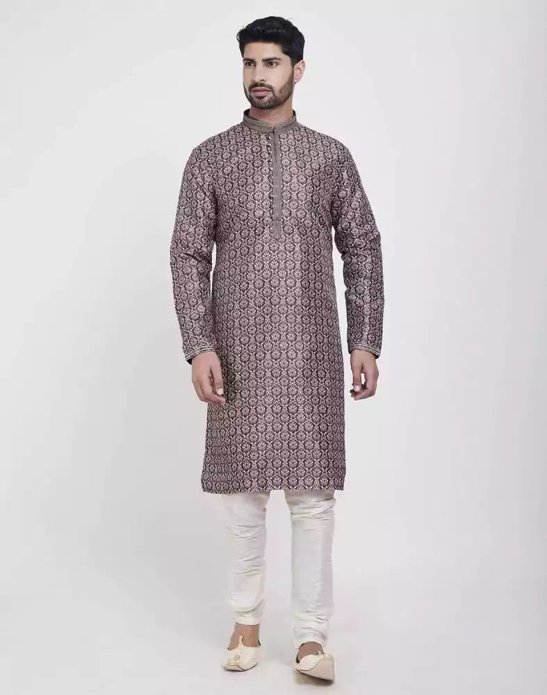 Wine Thread &amp; Collar Work Kurta Pajama Set