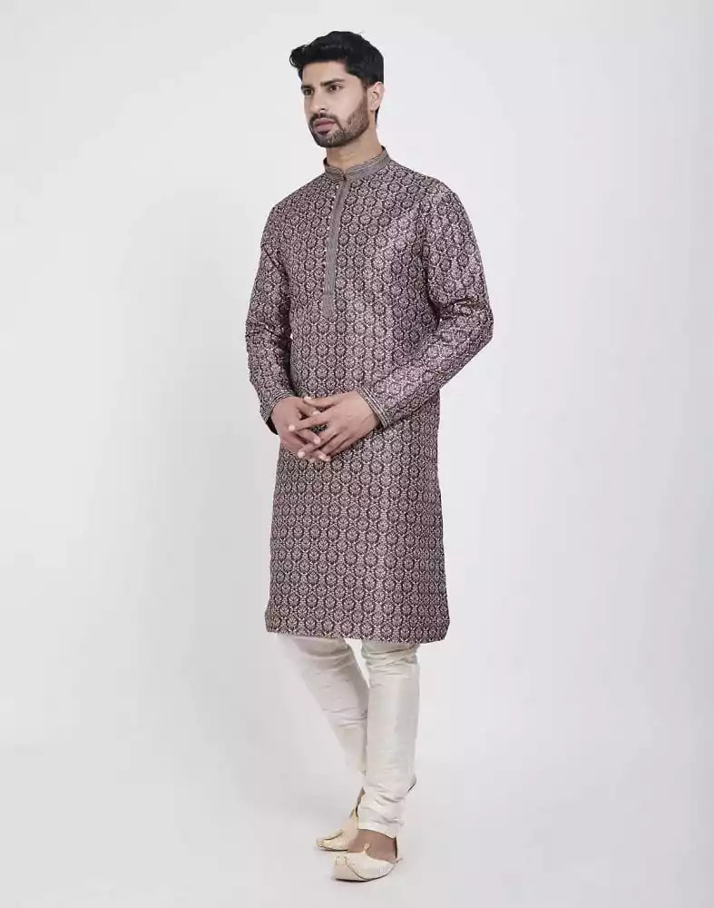 Wine Thread &amp; Collar Work Kurta Pajama Set