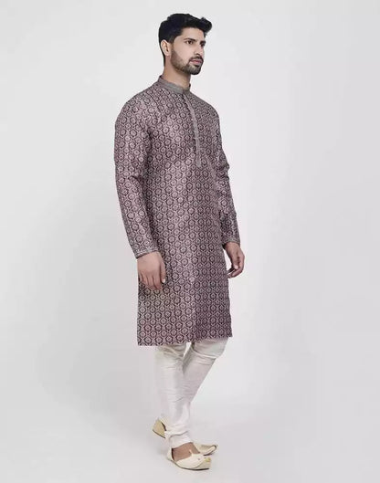 Wine Thread &amp; Collar Work Kurta Pajama Set