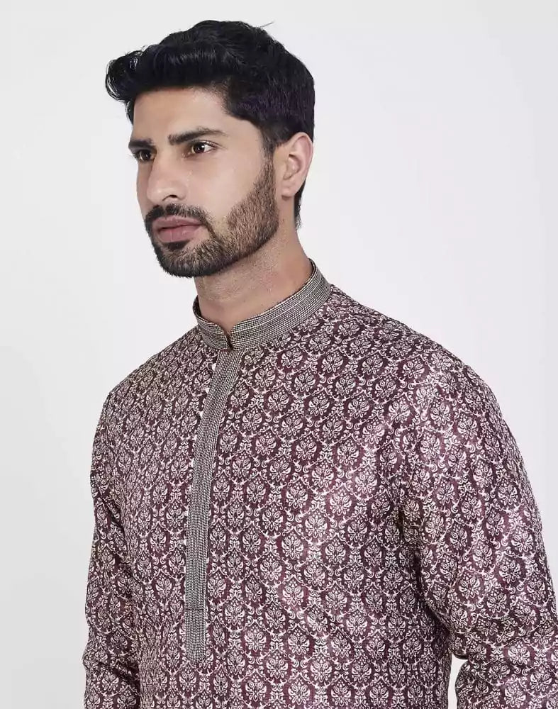 Wine Thread &amp; Collar Work Kurta Pajama Set