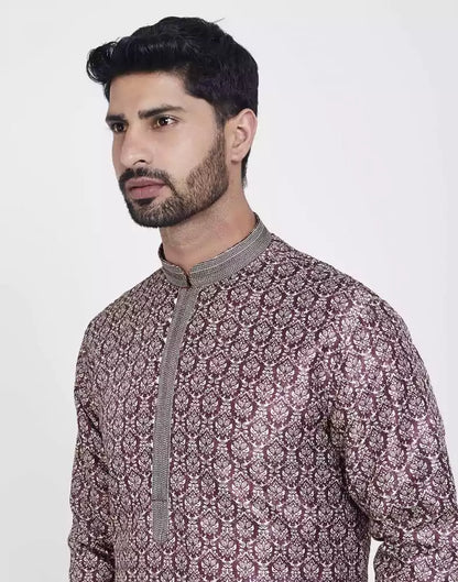 Wine Thread &amp; Collar Work Kurta Pajama Set