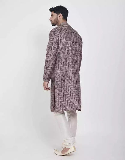 Wine Thread &amp; Collar Work Kurta Pajama Set