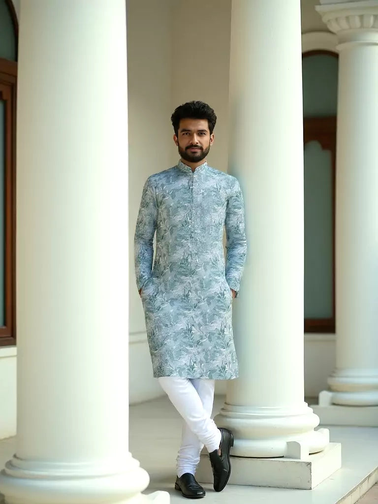 Sky Floral Design Cotton Kurta