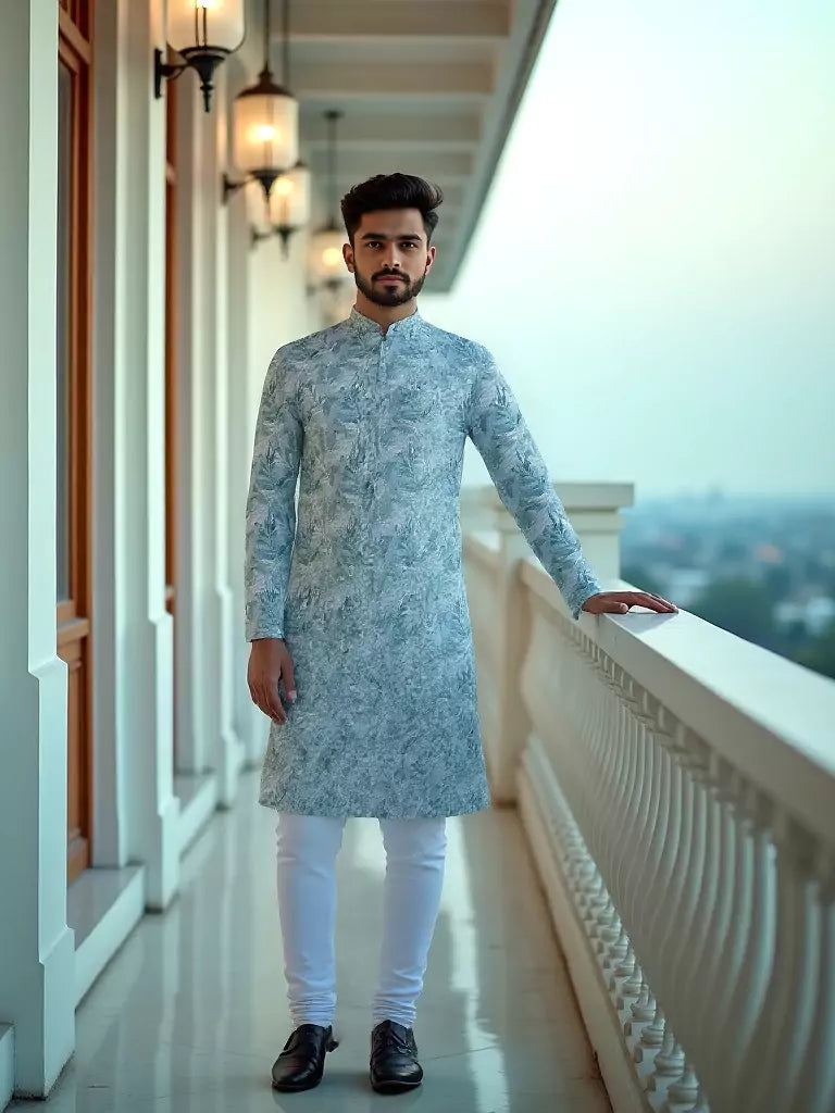 Sky Floral Design Cotton Kurta