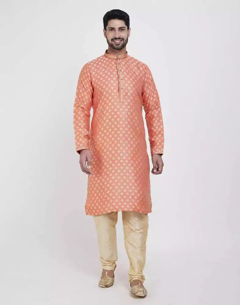 Orange Self Highlighted Brocade Design Kurta Pajama Set