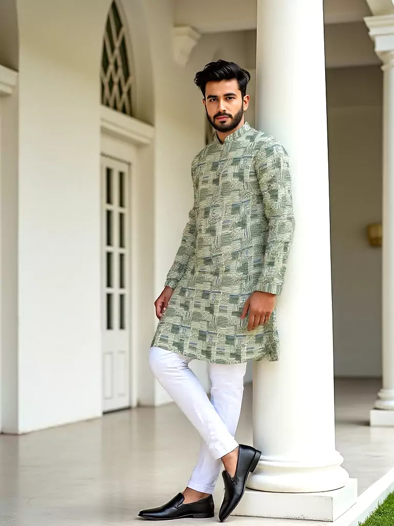 Pastel Green Graphic Print Cotton Silk Kurta